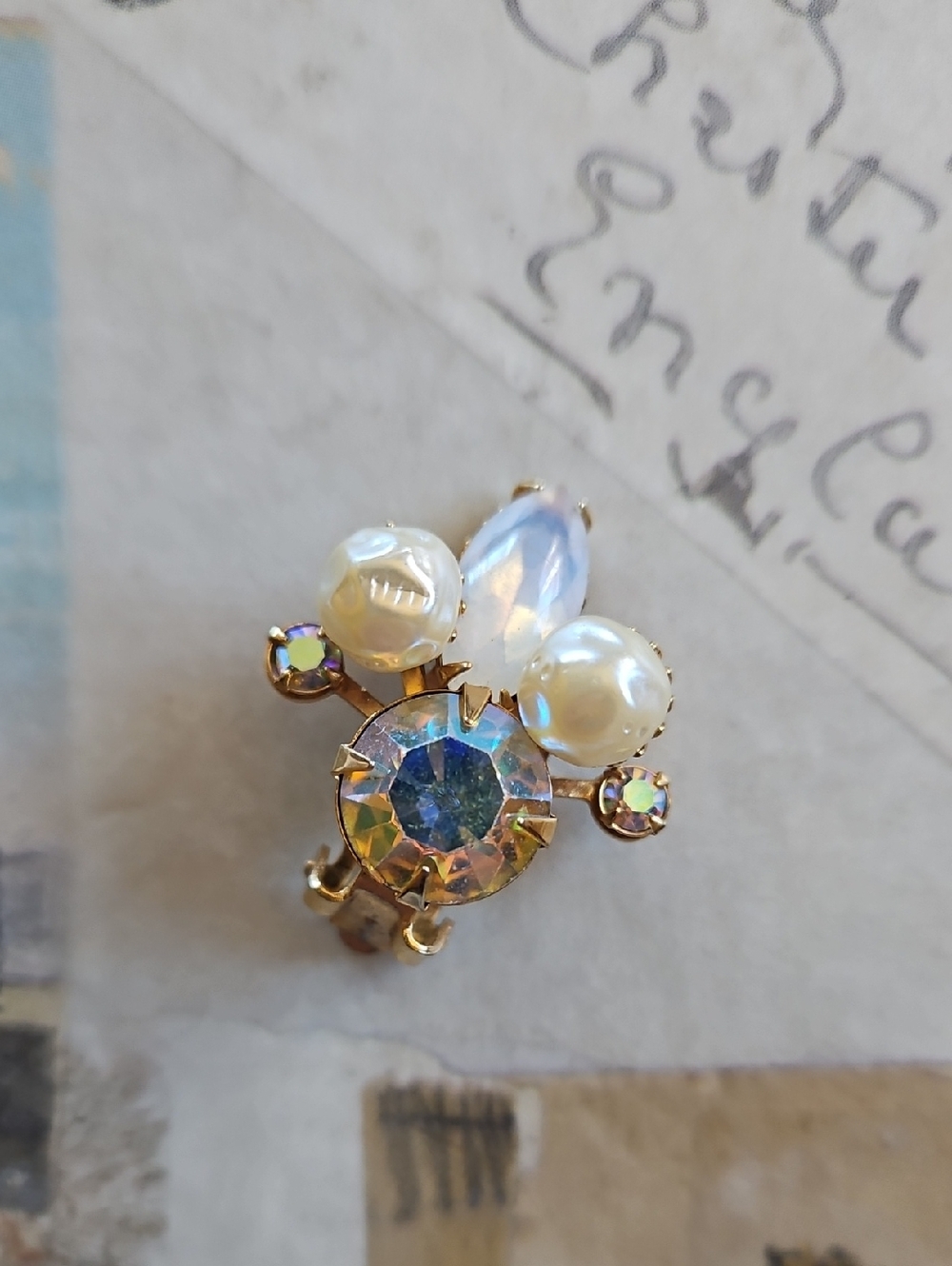 BEAU JEWEL Iridescent Rhinestones and Faux Pearl Cluster Clip-On Earrings - Picture 5 of 5